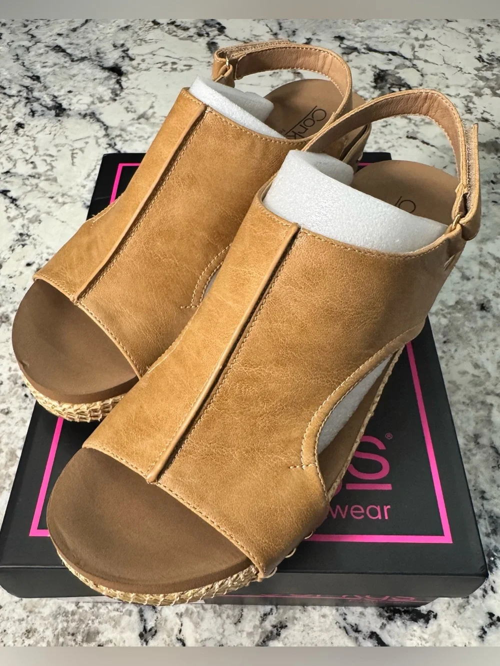 NEW Corkys Tan Open-Toe Slingback Wedge Sandals